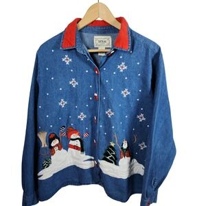 Tantrums Womens Denim Button Up Shirt XL Snowman Christmas Applique Long Sleeve